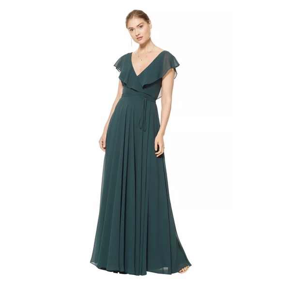NWT Bridesmaid #Levkoff Evergreen Chiffon V-Neck A-Line Gown - Picture 1 of 2